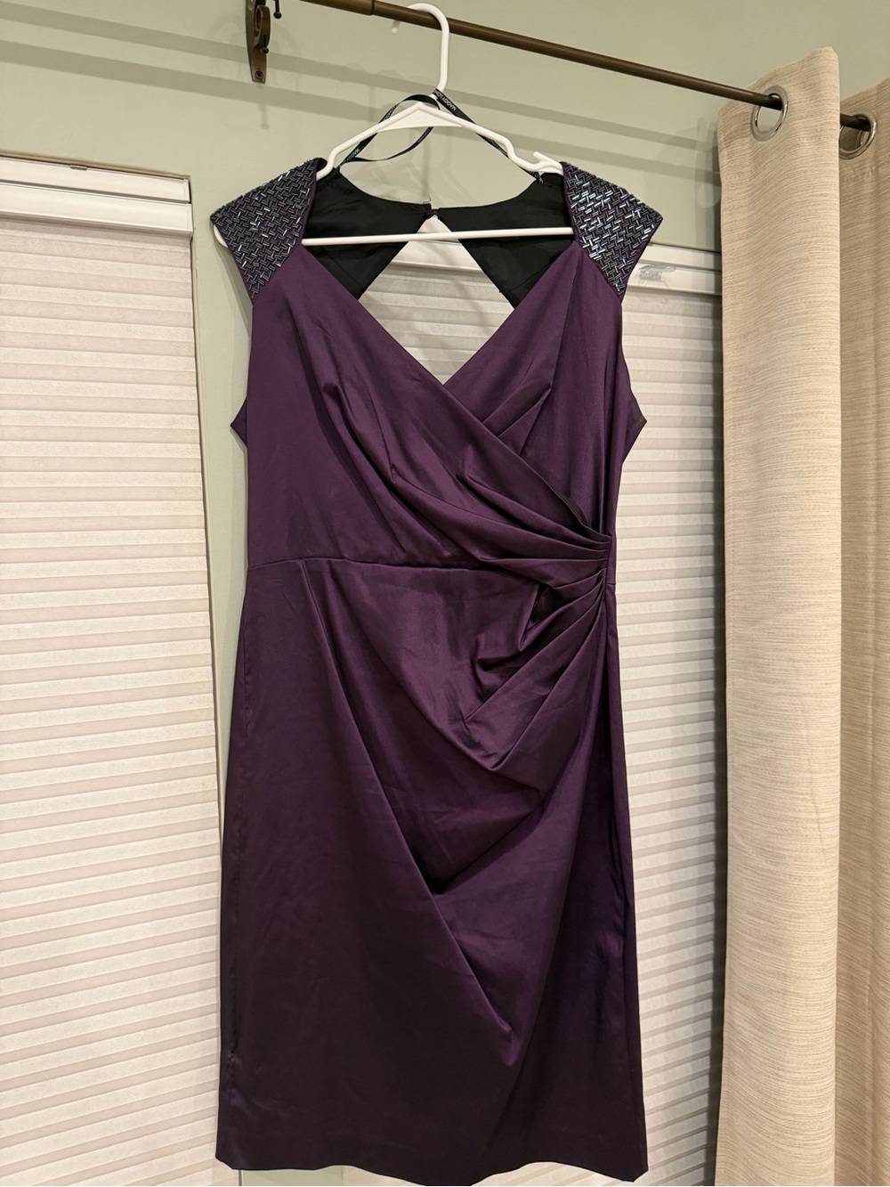 Maggy London Plum Sleeveless V-Neck Draped Cocktail Dress with Beaded Shoulders